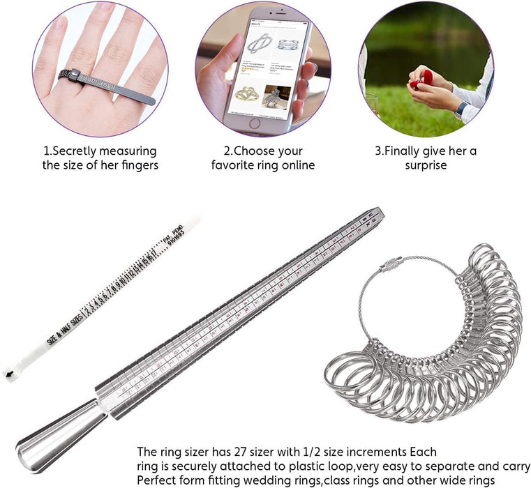 USUK EU FR Ring Sizer Measuring Tool, Metal Ring Sizing Kit with Finger Sizer Mandrel for Jewelry Sizing Measuring. - Jewelry Packaging Mall